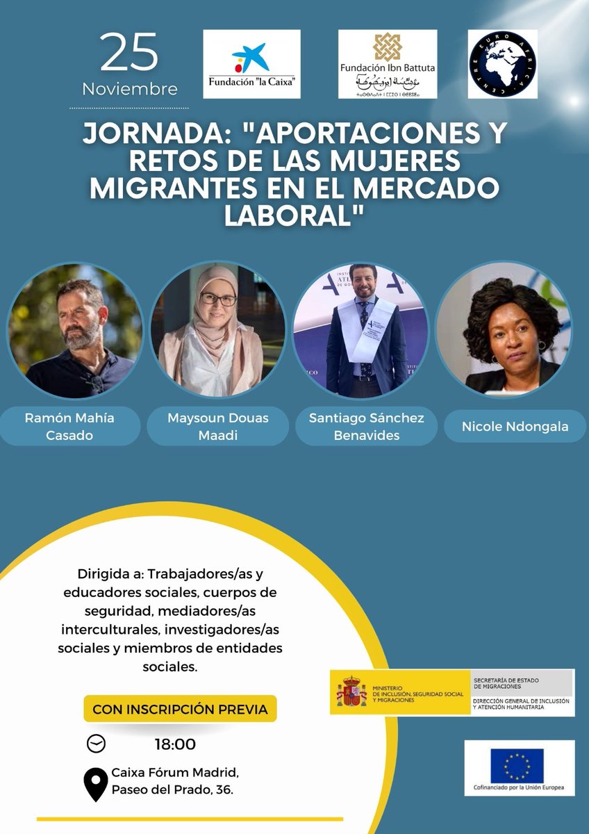 El viernes 25 de noviembre a las 18:00, tendremos la jornada: "Aportaciones y retos de las mujeres migrantes en el mercado laboral" en el Caixa Fórum de Madrid. 
Tenéis el formulario de inscripción abajo. No os lo perdáis. 
forms.gle/XHPt1LrsbuLV9f…