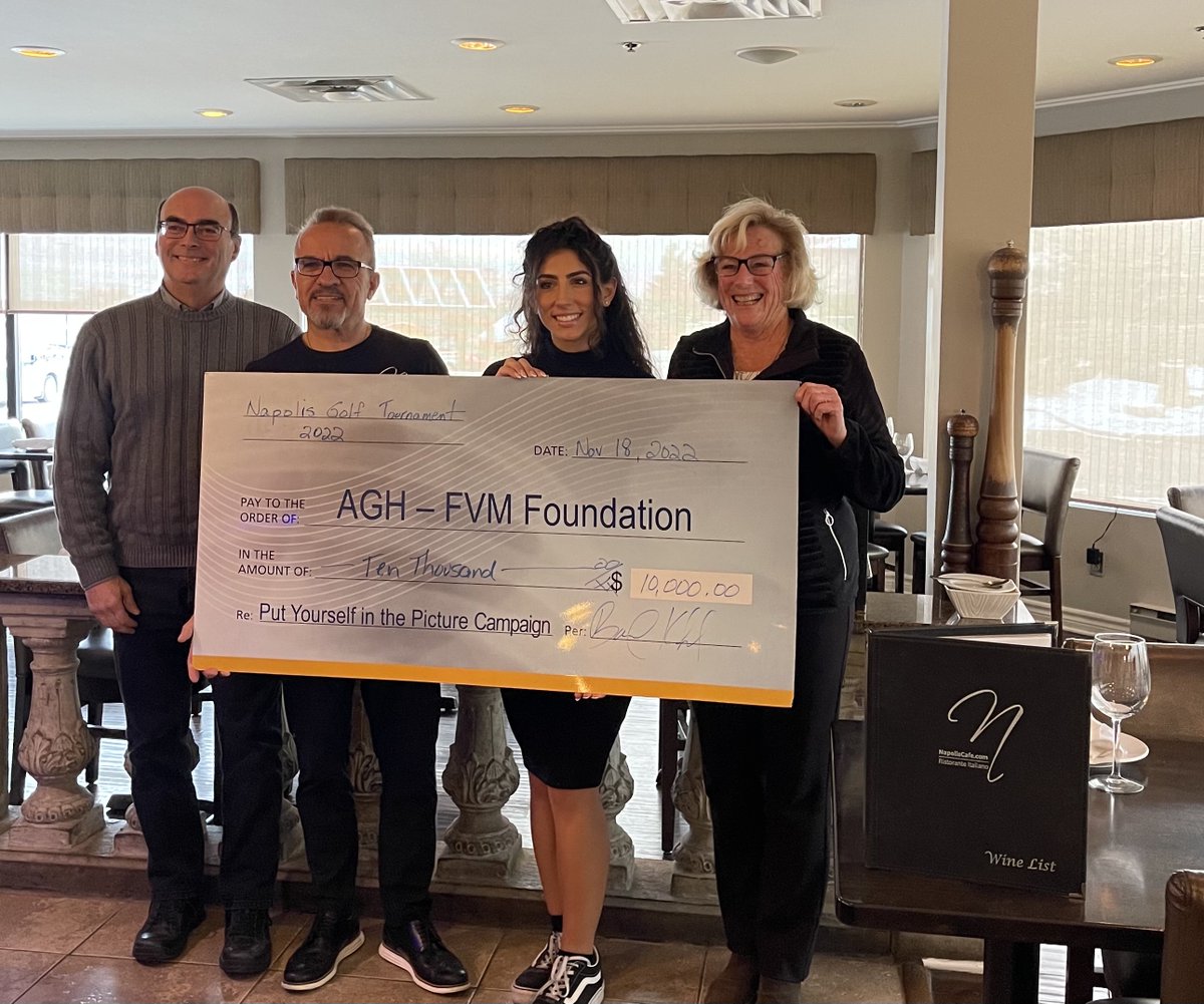 AGHFVMF's tweet photo. @StittsCentral @uguccioni_p Thanks @NapolisCafe_  for donating $10,000 to AGH FVM Foundation. Bassel &amp; Nicole Khalil, presented to board members Dan Rouleau &amp; Kris Parsons, to help purchase new equipment 4 patient/resident care including CT scan. #stittsville #mississippimills https://t.co/OU6dS3KXBH