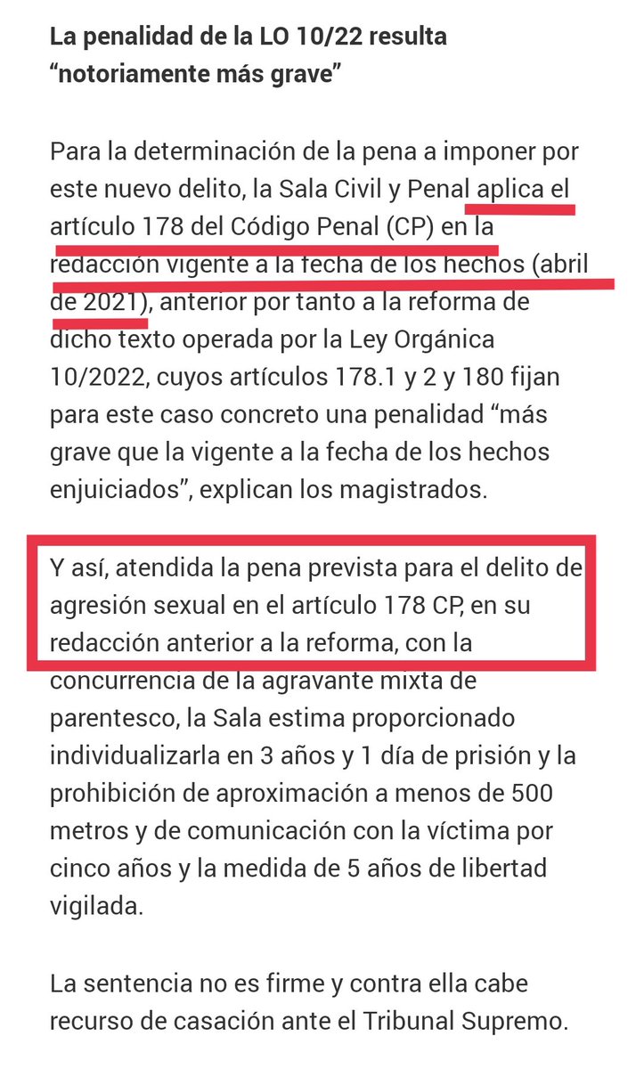 ⛔ BULO de <a href="/VickyRosell/">Mª Victoria Rosell Aguilar</a>. "El TSJMurcia agrava la pena de un caso de VioGen por la violencia sexual que la AP no aplicó... La LO 10/2022 fija para la agresión sexual una penalidad más grave que la vigente a la fecha..."

❌ FALSO: Se ha aplicado el CP anterior a dicha reforma.