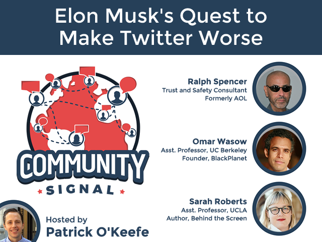 Elon Musk has made Twitter less safe by gutting the company's moderation, trust, and safety efforts. It's been an all-out assault, weakening people, policy, and product.

Ralph Spencer, <a href="/owasow/">Omar Wasow | @owasow@bsky.social</a>, and <a href="/ubiquity75/">Dr. Sarah T. Roberts ubiquity75@mastodon.social</a> join Community Signal to discuss.

Listen: communitysignal.com/elon-musks-que…
