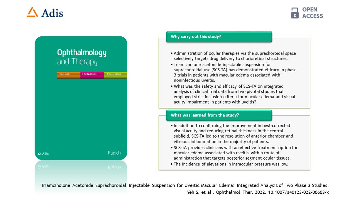 Ophthal_Therapy's tweet photo. A new analysis reports the integrated phase 3 trial data for triamcinolone acetonide injectable suspension for suprachoroidal use in the treatment of macular edema secondary to noninfectious uveitis:
Read the study here: https://t.co/0qIa7Gvoc9 #ophthalmology #Ophthotwitter https://t.co/PBIfpfI3TP