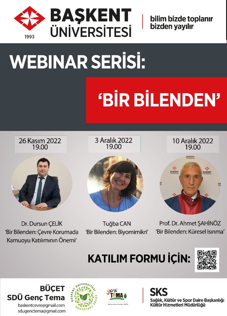 SDÜ Genç Tema Topluluğu ile düzenlediğimiz ve 26 Kasım, 3 Aralık ve 10 Aralık Cumartesi gerçekleştireceğimiz "Bir Bilenden" serimize üye arkadaşlarımız ve katılım sağlamak isteyen tüm çevre gönüllüleri davetlidir! 
forms.gle/pQdMUQr7X5HB1x…
Zoom bilgileri e-mail ile iletilecektir.