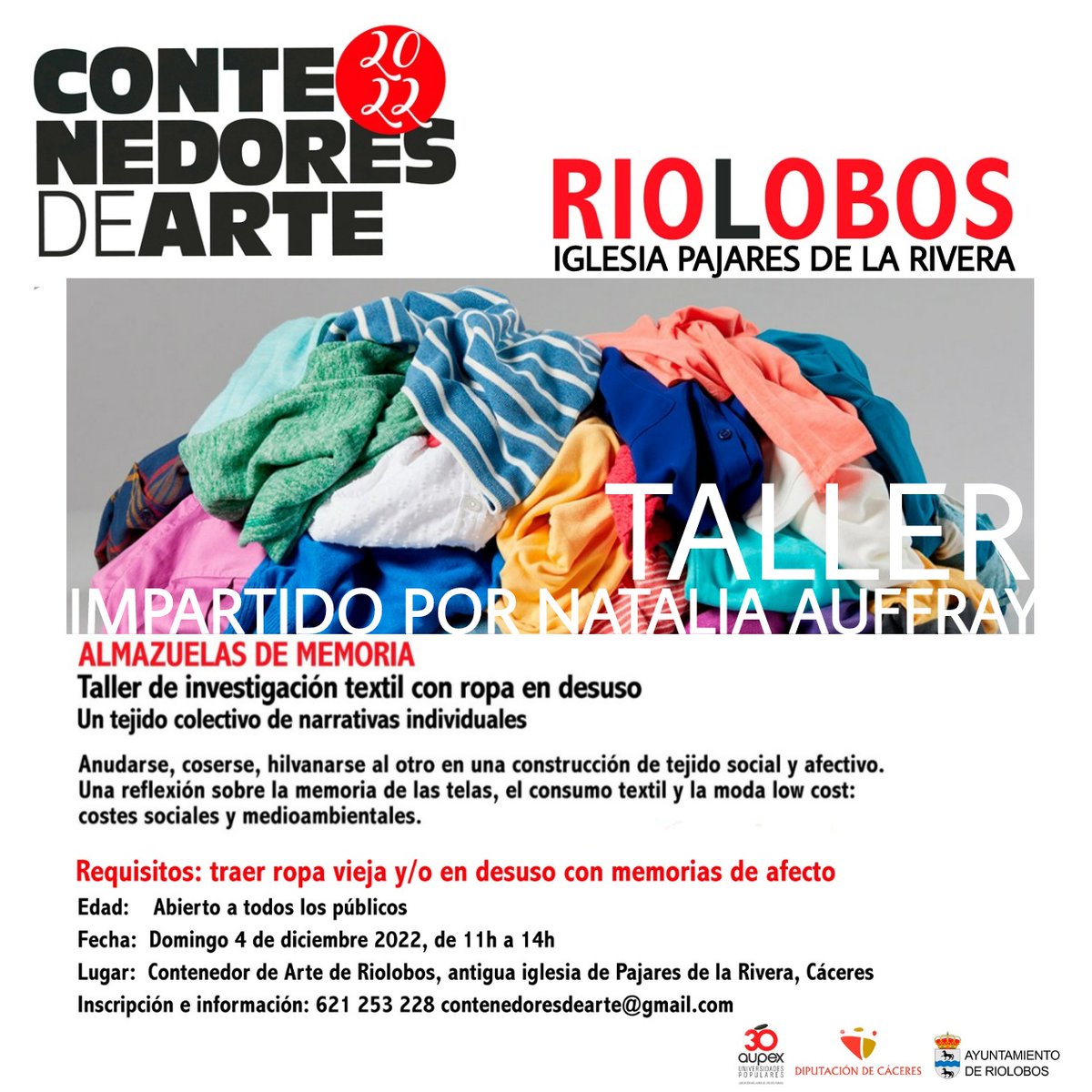 ContenedorDArte's tweet photo. Taller "ALMAZUELAS DE MEMORIA" investigación textil con ropa en desuso. 4 dic
Impartido NATALIA AUFFRAY  en el  #contenedordearteriolobos 
(Antigua iglesia de Pajares de la Rivera). Taller gratuito. Inscripción 621 253 228 
 contenedoresdearte@gmail.com. 
#contenedoresdearte https://t.co/dMfXb1YL2P