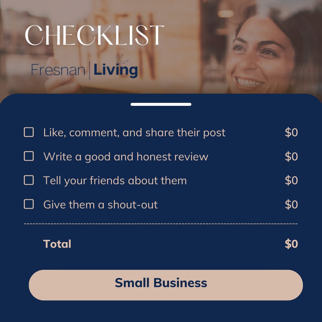 FresnanL's tweet photo. As the holiday's approach it's important to support small business. Here are some no cost ways to show the love.

#CentralValley #SmallBusiness #Economy https://t.co/T5FVsiJru9