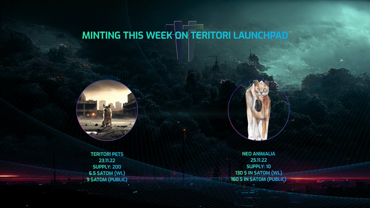 Minting this week on Teritori Launchpad: 

- Wednesday: Teritori’s Pets, by @Teritoripets 
- Friday: Neo Animalia, by <a href="/area47base/">Area47 - Classified Cats ✨</a> 

Are you ready? ⛩️