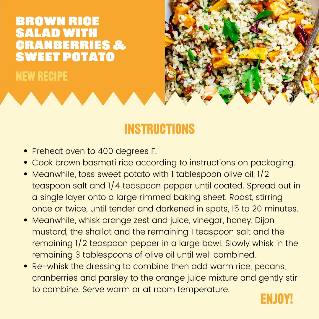 Add variety to your Thanksgiving staples. 🍽
The dressing is made with orange zest and juice, dijon mustard, and shallots. Your family will love the nuttiness of the brown rice and the creaminess of the roasted sweet potato. Plus it's healthy—so you can feel good having seconds!