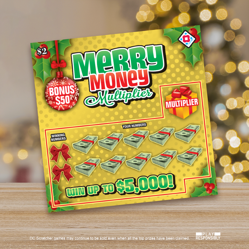DCLottery's tweet photo. Multiply your wins with Merry Money Multiplier. Find it at your nearest DC Lottery retailer. #ItsFunToPlay https://t.co/4voZyoFZUp