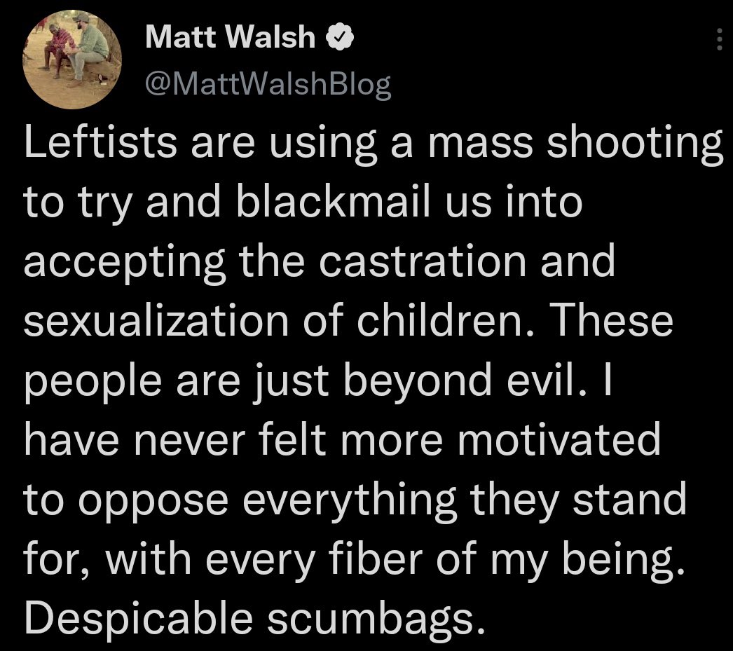 parkerr_ramsey's tweet photo. I try not to rt stuff like this but holy shit are you fucking kidding. This is an act that has become normalized bc of how much hate propaganda people like this spew. I’m not using it to blackmail Matt Walsh. It’s an obvious cause and effect if you tell people to oppose they will https://t.co/F8CfpgCMP9