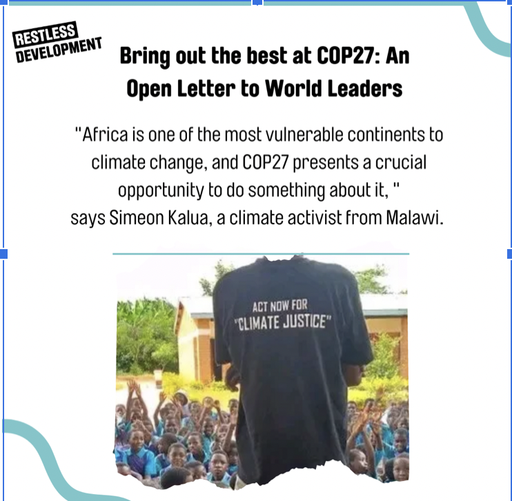 Young activist Simeon Kalua is urging leaders at COP27 to not forget about Africa when discussing climate policy and mitigation techniques. Read his blog at buff.ly/3XdLHts 

 #YouthPower #advocacy #young #activism #climatechange #climate