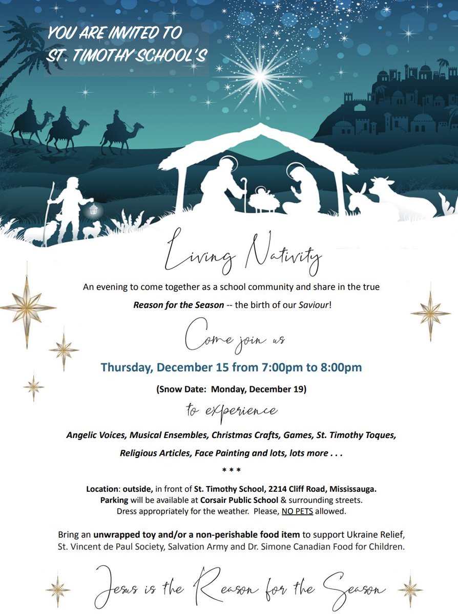 StTimothyDPCDSB's tweet photo. Please join us for a very special evening celebrating the Living Nativity. December 15 7-8pm https://t.co/4YbKR0tFCB
