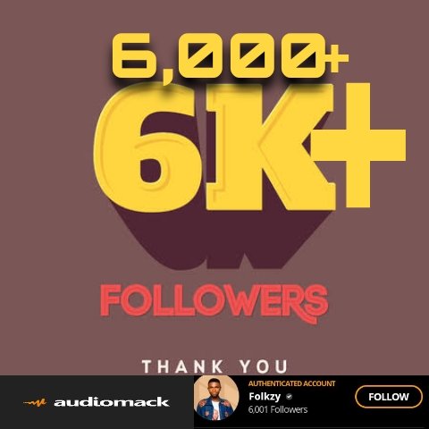 Thanks for 6,000+ [6k] Followers on Audiomack 🔥🙏 #Folkzy #Mr_Folkzy