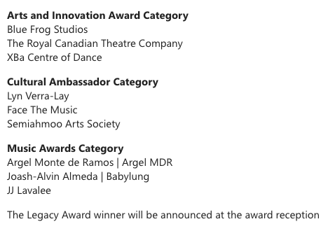 TomZillich's tweet photo. Congrats to these finalists for #SurreyBC Arts and Business Awards, Tuesday evening. 
I'm told new mayor @brendalockebc will talk about economic plans to support Surrey's arts &amp; culture industry.
 @SBofT @RoyalCADTheatre @BlueFrogLive  @babylungmusic @xbadance @SurreyNowLeader https://t.co/yOLdIlN2Tu
