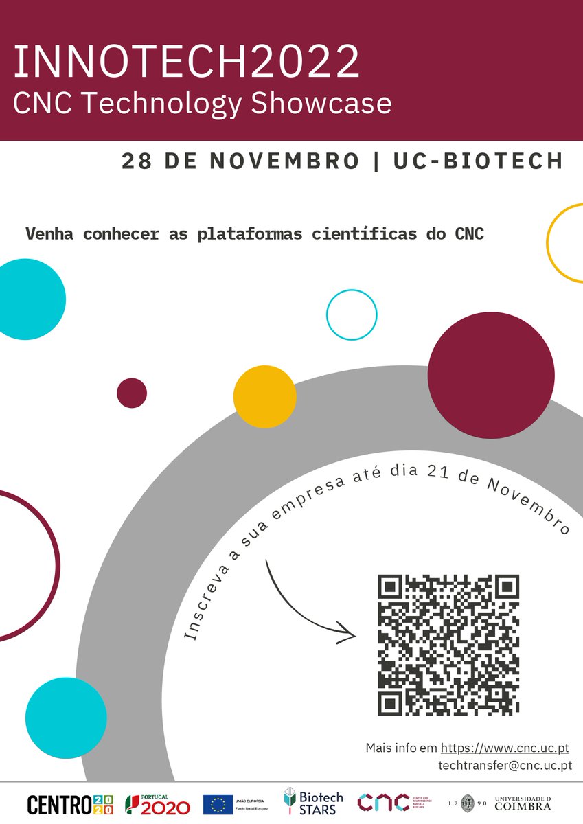 ✍ Terminam já hoje as inscrições para o INNOTECH2022 – CNC Technology Showcase!

📌 A iniciativa vai decorrer no dia 28 de novembro, no UC-Biotech, no Biocant Park.

👉 Pode inscrever-se em: lnkd.in/d2mxy3zF

#biotech #technology #biocantpark #biocant #cnc #biotechstars