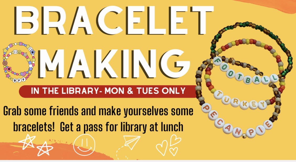 OverIntheLib's tweet image. We’re making bracelets in the library to wear what we’re thankful for. So far students and staff have been thankful for @fultonhosa, @FultonHigh tutoring, and @WKCSradio. What are you thankful for?