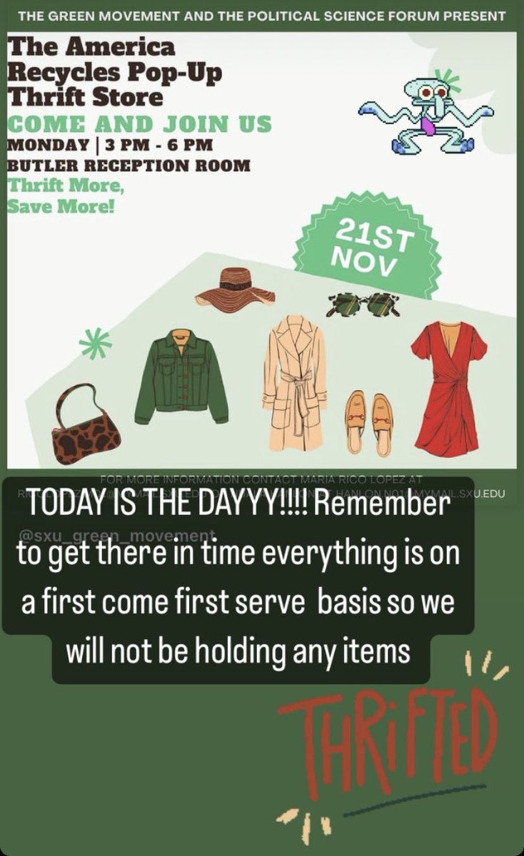 SxuGreen's tweet photo. Reminder that today is the Pop up thrift store make sure to stop by we’ll be in butler hall from 3-6 pm today https://t.co/ivUfy0XoBk