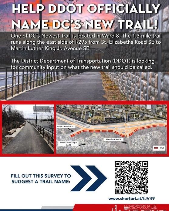 Help us name DC's newest trail! Located in #Ward8 along the east side of 1-295, from St. Elizabeth Rd SE to Martin Luther King Jr. Ave SE. Have a suggestion? Let us know by taking the survey ▶️ go to bit.ly/3SUcibK &amp; share your idea before December 5. #walkdc #bikedc