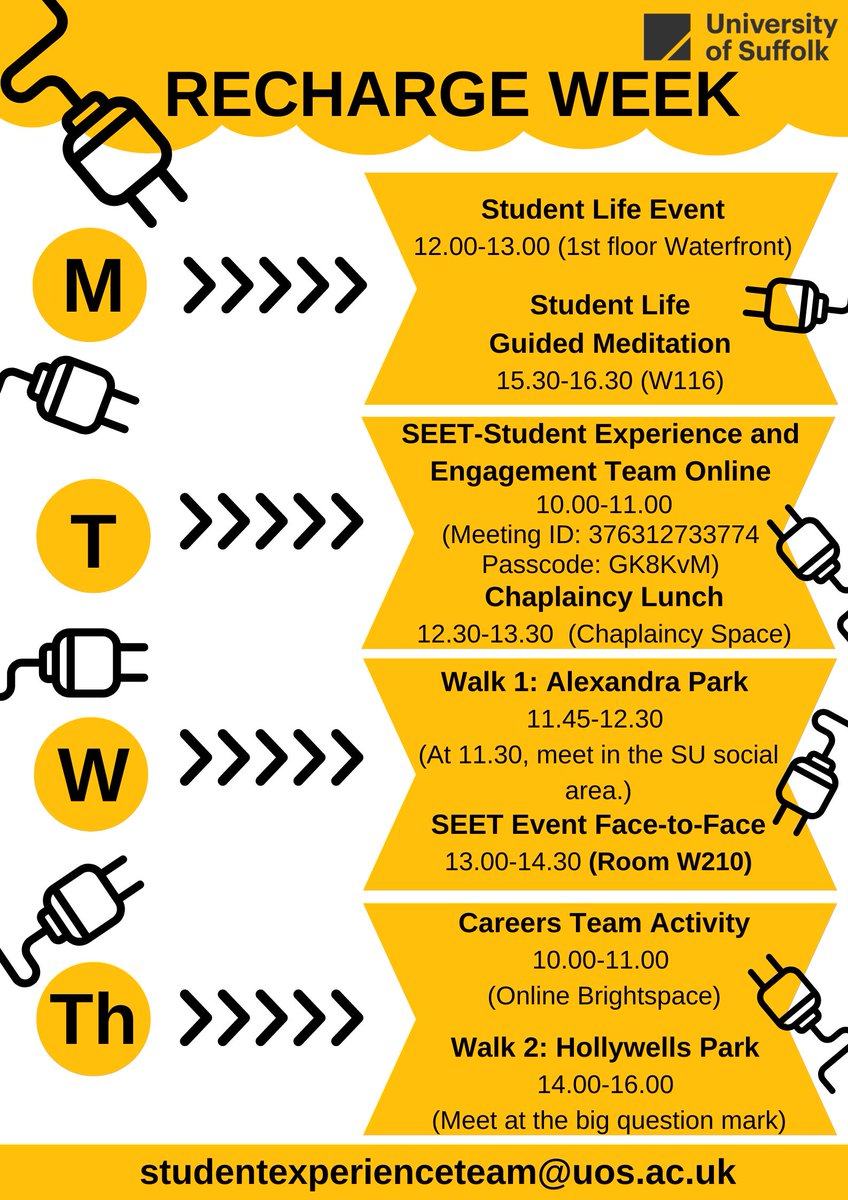This week the Student Experience Team is running a Recharge Week, consisting of events such as SEET-Student Experience and Engagement Team Online, Chaplaincy Lunch, Wellbeing Walk, SEET Board Games and Lego Social and more.