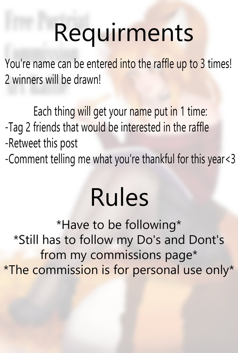 tikitorchies's tweet photo. Here is the art raffle for hitting the 500 on twitter and twitch! Who ever wins will get a free shoulder up commission!
Make sure to read the rules!
This raffle will run for 24 hours approximately. If we dont get enough people tho I may extend it!

#raffle #commission #free https://t.co/bCgLpC0tln