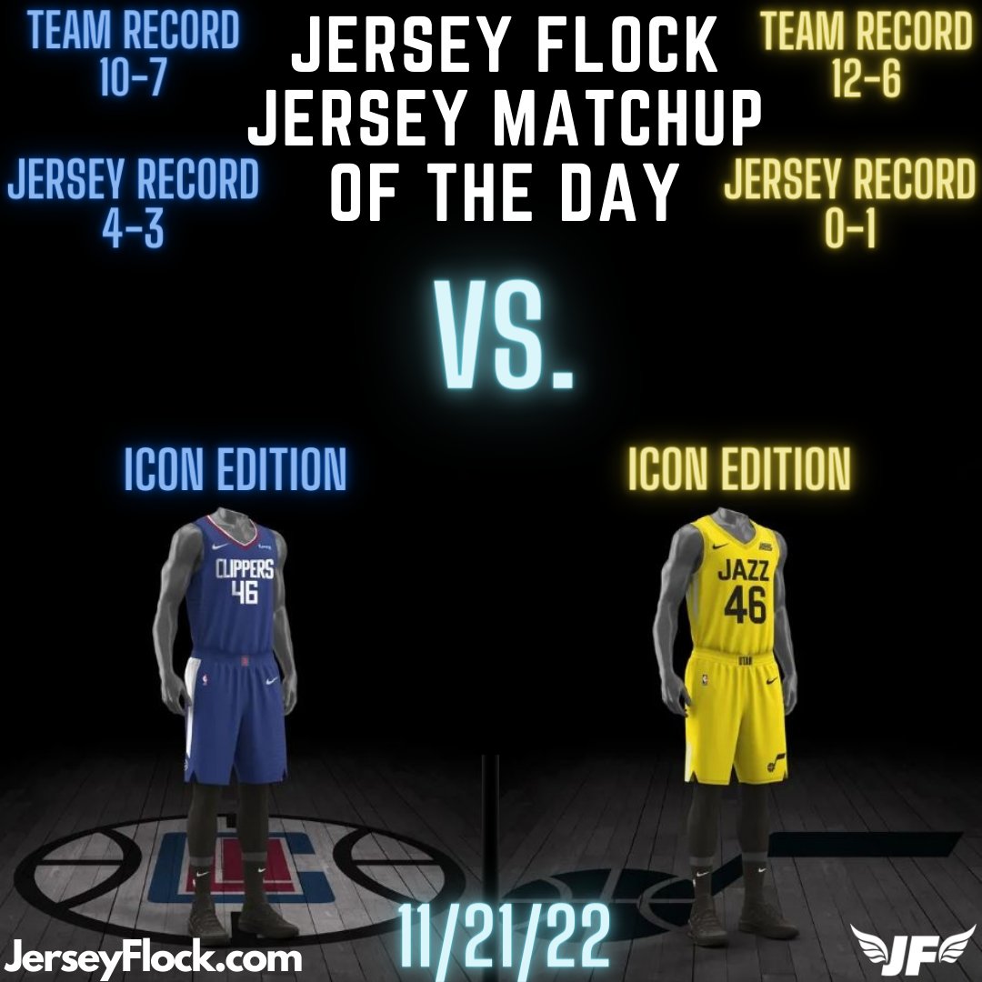 Today's @JerseyFlock Jersey Matchup of the Day! Two Icon Edition jerseys make for a great jersey matchup 🔥 The top seed Jazz are wearing their all yellow unis, which are new for this year. They travel to LA to play the Clippers and their all blue unis. Who y'all got?