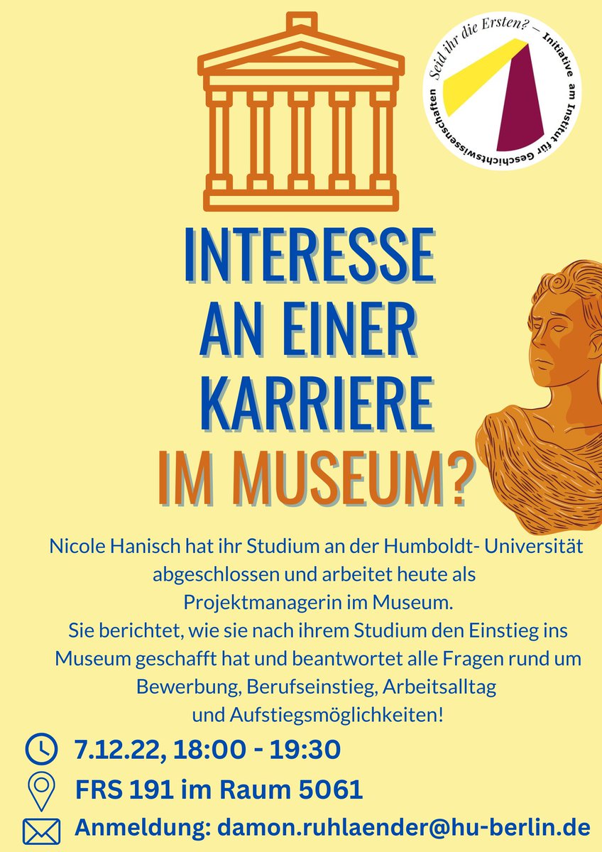 Hast du Interesse an einer Karriere im Museum?
Nicole Hanisch arbeitet als Projektmanagerin im Museum. Sie berichtet, wie sie den Einstieg ins Museum geschafft hat und beantwortet alle Fragen rund um Bewerbung, Berufseinstieg, Arbeitsalltag und Aufstiegsmöglichkeiten! 7.12/18:00