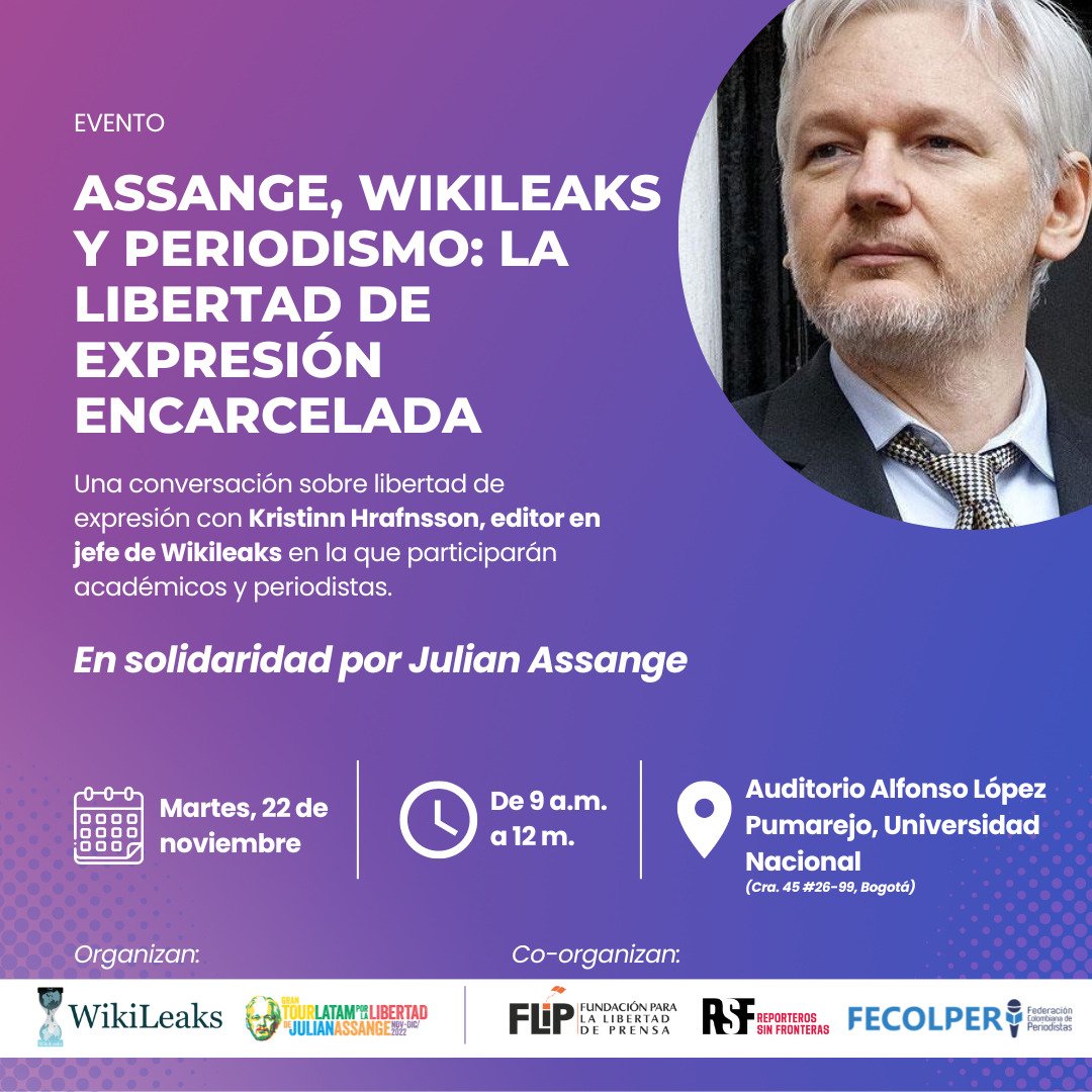 FECOLPER's tweet photo. Desde Colombia, nos unimos a Gira @wikileaks para rechazar la extradición de Julián Assange e impedir que la libertad de expresión sea encancerlada.

🎯 Acompáñanos mañana martes de 9 a 12 en la Universidad Nacional.  #FreeAssangeNOW https://t.co/Act7BtnZAF