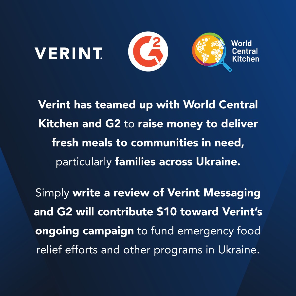 Verint has teamed up with World Central Kitchen and G2 to deliver fresh meals to communities in Ukraine. Review Verint Messaging and G2 will contribute $10 to Verint’s ongoing campaign to fund emergency food relief efforts and other programs in Ukraine. bit.ly/3ENrZh6