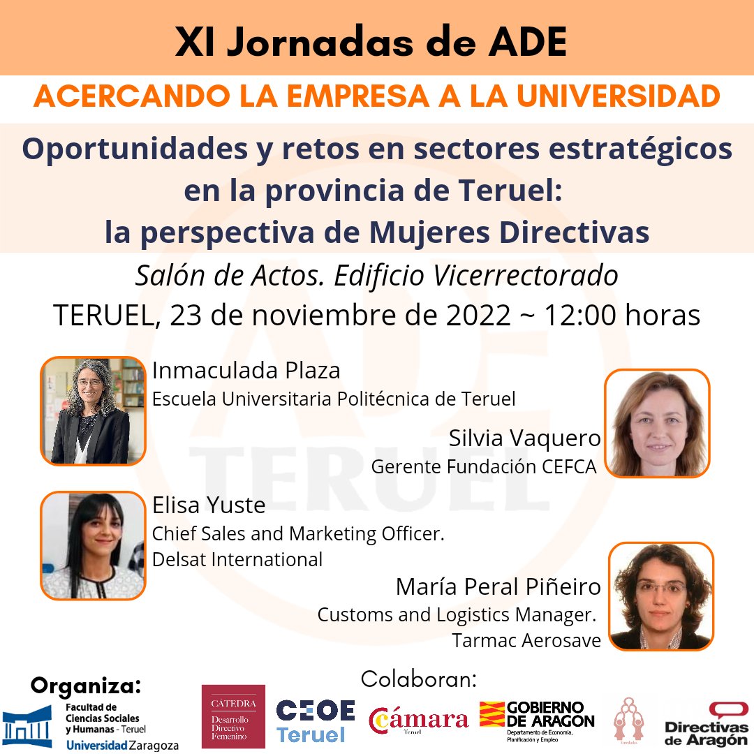 La sesión de mañana de las Jornadas de ADE cede su espacio a la Cátedra Desarrollo Femenino con mujeres turolenses que compartirán sus reflexiones en torno a oportunidades y retos de distintos sectores. 
<a href="/eupt_unizar/">Escuela Universitaria Politécnica de Teruel</a> #cefca <a href="/delsat_drones/">Delsatinternational</a> <a href="/TarmacAerosave/">TARMAC Aerosave</a>
<a href="/unizar/">Universidad Zaragoza</a> <a href="/fcsh_teruel/">FCSH Teruel</a>