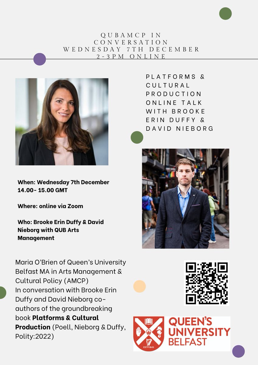 dublinbermia's tweet image. Platforms &amp;amp; Cultural Production: In Conversation on Zoom

Wednesday 7th December 14.00 - 15.00 GMT 

Maria O’Brien of @QUBAMCP  In conversation with Brooke Erin Duffy  (@brookeerinduffy) and David Nieborg (@gamespacenl) 

Sign up via eventbrite: eventbrite.co.uk/e/470950113467