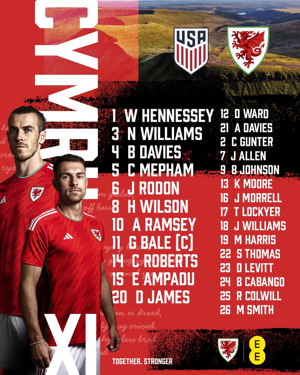 🇺🇸🏴󠁧󠁢󠁷󠁬󠁳󠁿 | STARTING XI 

HANES! CWPAN Y BYD! 

#ArBenYByd | #FIFAWorldCup | #TogetherStronger
