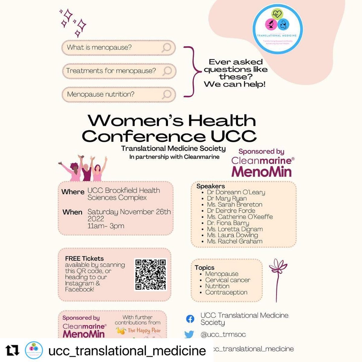 Catherine O Keeffe (@wellnesswarrio3) on Twitter photo If your in Cork or nearby come join us next Saturday at UCC 💪 all things Womens Health All info and details on the page below ⬇️ Repost @ucc_translational_medicine with <a href="/use/">Roslyn K.</a>.repost If your in Cork or nearby come join us next Saturday at UCC 💪 all things Womens Health All info and details on the page below ⬇️ Repost @ucc_translational_medicine with <a href="/use/">Roslyn K.</a>.repost