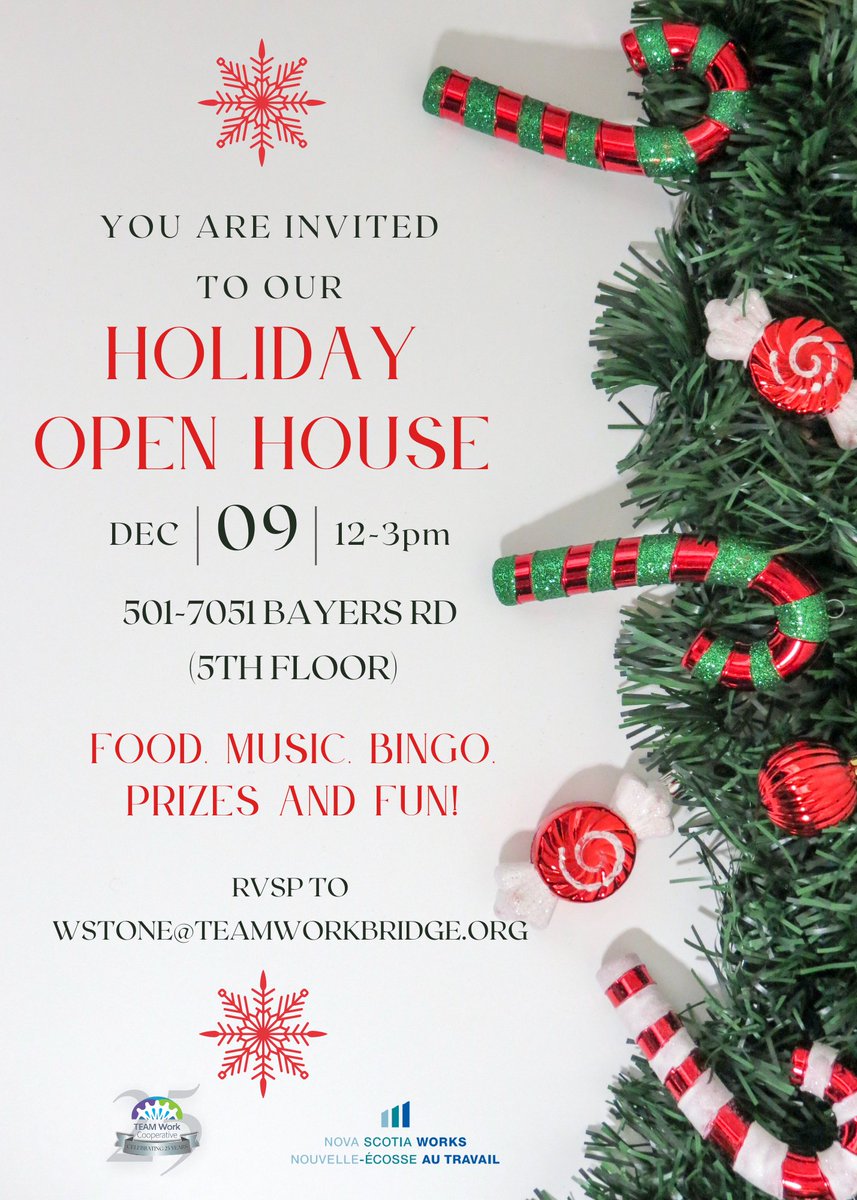 TEAMWork1997's tweet photo. VERY happy to announce that our in-person XMAS Party will be back this year!!

Join our Holiday Open House on Dec. 9th from 12-3pm at our main office.

We will have music, BINGO, prizes, food and lots more! Don't miss out.

To RSVP please email Will at wstone@teamworkbridge.org https://t.co/CHJ0jafGgp