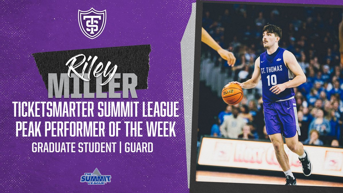 Well deserved 🏆

The FIRST EVER Summit League Peak Performer of the Week for Tommie MBB

<a href="/rmiller1813/">Riley Miller</a> 

#RollToms