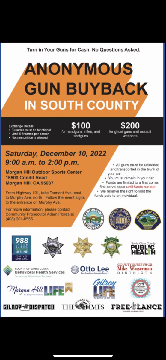 Anonymous gun buyback: $100 for handguns, rifles &amp; shotguns and $200 for ghost guns &amp; assault weapons, per @SantaClaraDA <a href="/SCCgov/">County of Santa Clara</a> <a href="/HealthySCC/">County of Santa Clara Public Health Department</a> <a href="/MorganHillPD/">Morgan Hill PD</a> <a href="/GilroyPD/">Gilroy Police</a> <a href="/SCCoSheriff/">SantaClaraCoSheriff</a> <a href="/SupOttoLee/">Otto Lee</a> <a href="/Mike__Wasserman/">Mike Wasserman</a>