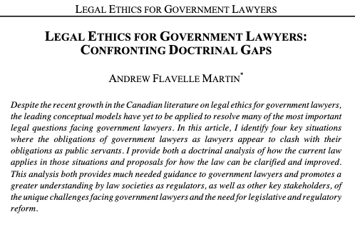 altalawreview's tweet photo. In his article, Professor Andrew Flavelle Martin of @SchulichLaw identifies situations where obligations of government lawyers as lawyers may clash with their obligations as public servants in an effort to promote greater understanding of the unique challenges these lawyers face. https://t.co/c88XyIsNYb
