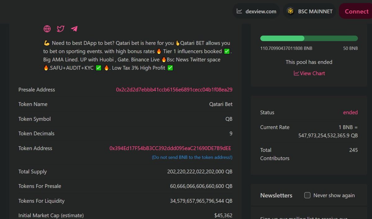 QatariBet's tweet image. Presale has ended everyone can claim their tokens now from the fairlaunch link

We managed to raise 110 bnb in fairlaunch, definitely great compared to market conditions. Its a low cap gem so easy 100x LFGG 😄💪

pinksale.finance/launchpad/0x2c…