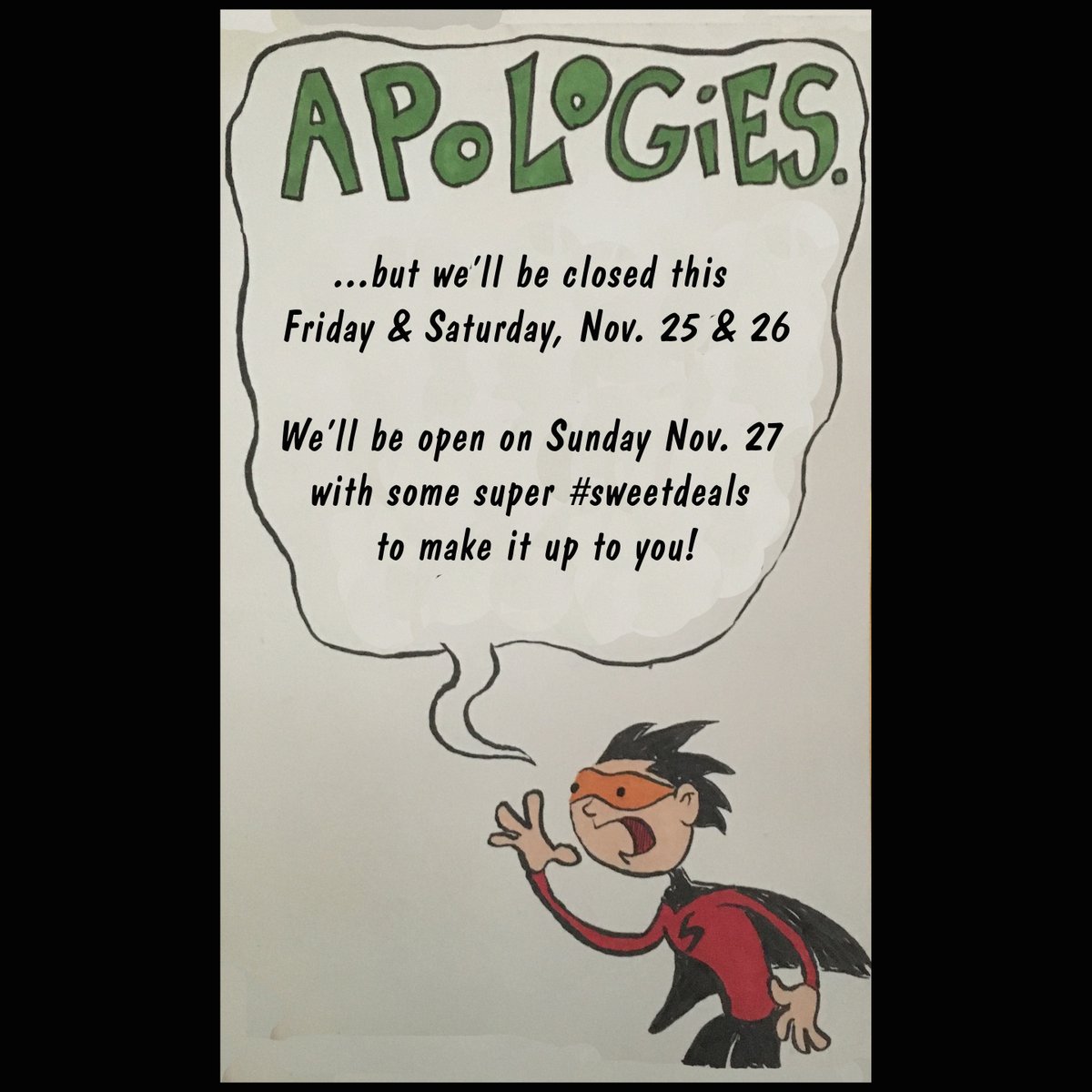 StrangeAdvDart's tweet photo. we'll be closed this Friday and Saturday to cover some shifts in Halifax as they're heading to NB for the big country comics expo.
BUT!... the #strangesidekick will be open on Sunday Nov27th with some super #sweetdeals https://t.co/MAKm9w7Mc2
