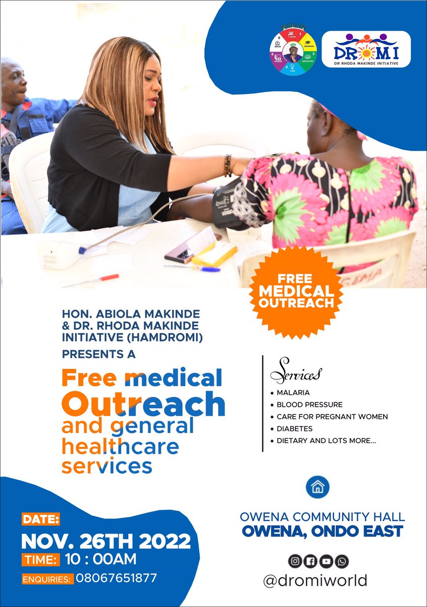 DROMIWorld's tweet photo. HAMDROMI FREE MEDICAL OUTREACH - NOV. 2022.

This month, we are moving our mobile clinic to Owena community in Ondo East Local Government Area for our monthly healthcare programme.

Your health is our priority and health is wealth.

Owena Community, See you on Saturday! https://t.co/GFEcMlTjYD