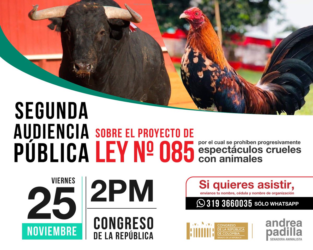 Senadores/as <a href="/MariaFdaCabal/">María Fernanda Cabal</a> <a href="/JAlirioBarreraR/">Alirio Barrera🐴</a> <a href="/PalomaValenciaL/">Paloma Valencia L</a> <a href="/carlosmeiselv/">Carlos Meisel</a> <a href="/CIROARAMIREZ/">Ciro Alejandro Ramirez</a> <a href="/MiguelUribeT/">Miguel Uribe</a> atenta, con mi equipo, a los datos de quienes quieran invitar: amigos y conocidos galleros y taurinos, a la audiencia sobre el PL085. No hemos recibido información de su parte