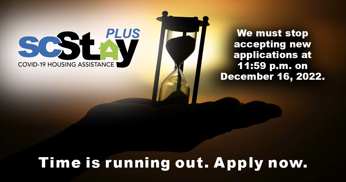 SCStateHousing's tweet image. The SC Stay Plus program is winding down in South Carolina and must stop accepting new applications at 11:59 p.m. on Dec. 16, 2022. #SCStayPlus If you need help, apply online now at Bit.ly/SCStayPlus.