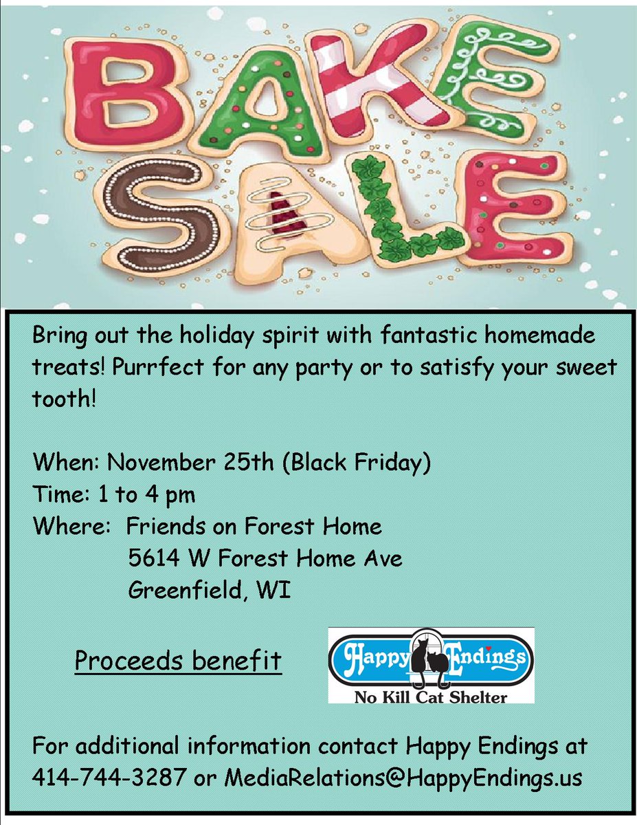 Join us for a holiday bake sale on Black Friday!! Why spend all day baking when you can buy homemade baked goods and support a great cause at the same time. Choose from cookies, breads, treats of every kind. The quaility is superior and great for gift giving and parties.