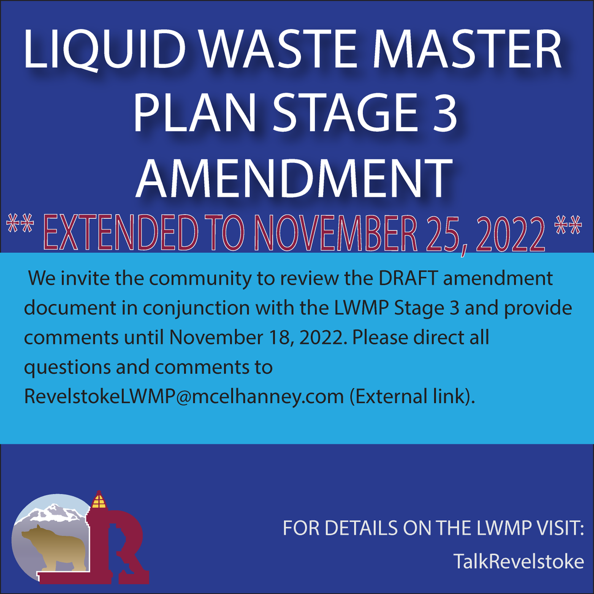 Our team over in the Engineering Department is anxiously awaiting public input on Stage 3 of the Liquid Waste Master Plan. Head on over to TalkRevelstoke to provide feedback! talkrevelstoke.ca/liquid-waste-m…

#cityofrevelstoke #engineering #publicengagement