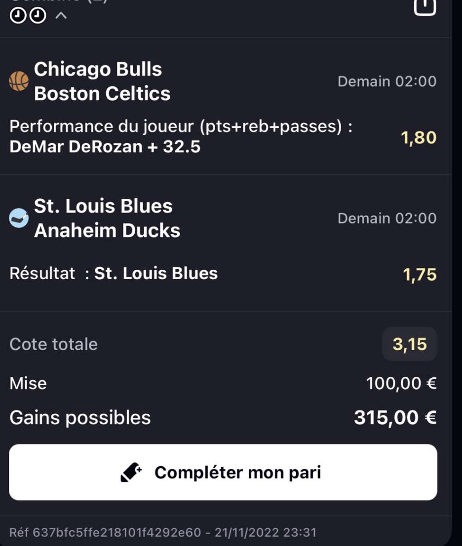 OcbPronos's tweet photo. 💈COMBINÉ NOCTURNE NBA🏀 ET NHL🏒⚔️🌎

📍Chicago Bulls - Boston Celtics➡️
Demar Derozan PPR +32.5➖1.80🔥

📍ST Louis Blues -Anaheim➡️
ST Louis gagne (sans prolongation)➖1.75🔥 

Côte total🟰3.15💣🛎 https://t.co/RXOMjxkxtL