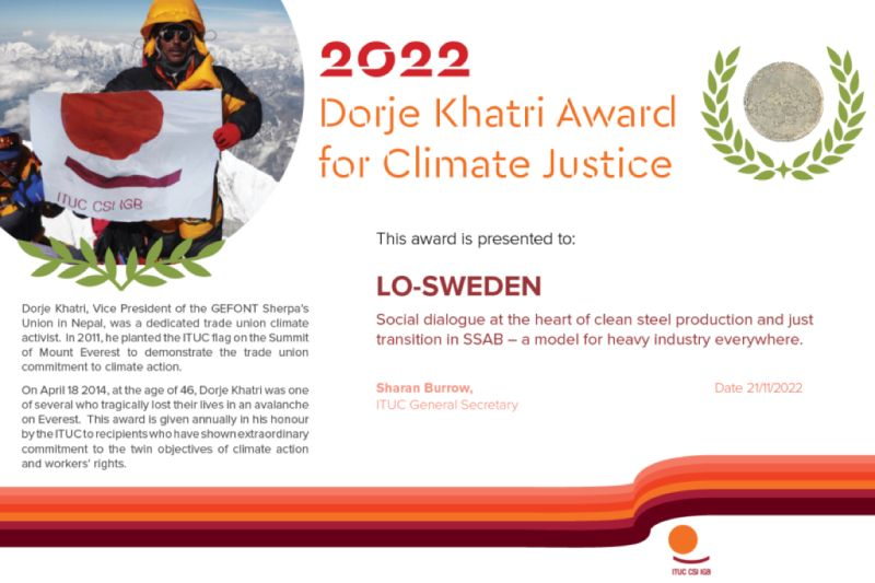 2022 års Dorje Khatri-pris för klimaträttvisa har tilldelats @LOInternation @LOSverige @ituc #ITUC22 

'LO Sverige har gjort är en inspiration för världen'