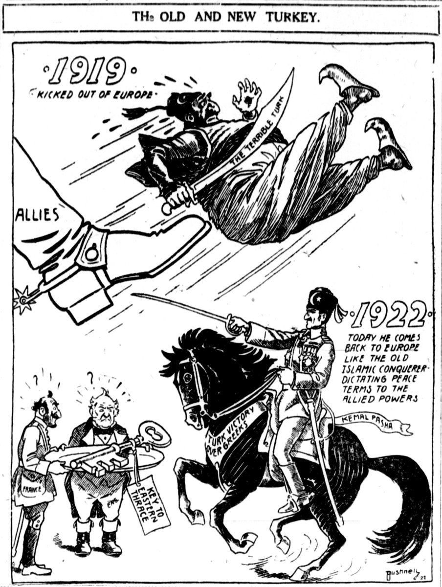 Political Cartoon. The Lausanne Conference officially opened #TDIH in 1922 to replace the Treaty of Sèvres intended to dismember the Ottoman Empire, with Turkey under Ghazi Mustafa Kemal positioned to demand concessions of the Allies. Tampa Bay Times, November 22, 1922. #history
