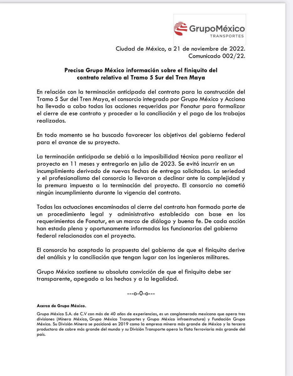 SergioSarmiento's tweet image. Dice Grupo México que la terminación anticipada de su contrato para la construcción del Tramo 5 Sur del Tren Maya se debió “a la imposibilidad técnica para realizar el proyecto en 11 meses y entregarlo en julio de 2023”.