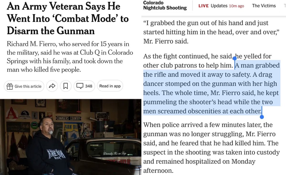 TheTNHoller's tweet photo. “A drag dancer stomped on the gunman with her high heels… Fierro, a combat veteran, kept pummeling the shooter’s head with his gun…” 

Remember the heroes. Not the killers. 
#ClubQ #ColoradoSprings 🏳️‍🌈 
https://t.co/6l0PyvpUvy https://t.co/W7XZADlwWZ