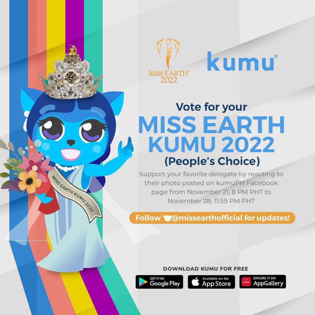 Earthlings, vote for your #MissEarth Kumu 2022! 

Go to Kumu’s FB page and react on the photo of your favorite delegate to help her win the People’s Choice Award. tinyurl.com/3me3f39r

Watch the activities of our eco-warriors LIVE on kumu, follow @missearthofficial