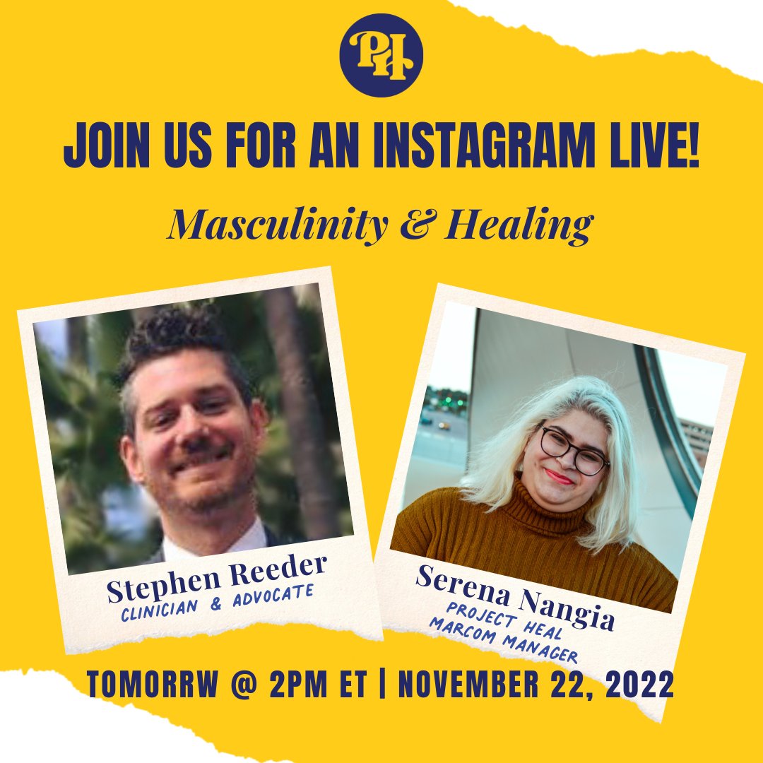 TheProjectHEAL's tweet image. In honor of Men&apos;s Mental Health Month, we&apos;re having a conversation with Stephen Reeder, an eating disorder clinician and leader in the field, about Masculinity and Healing. We&apos;re going Live tomorrow (11/22) at 2pm ET at @projectheal