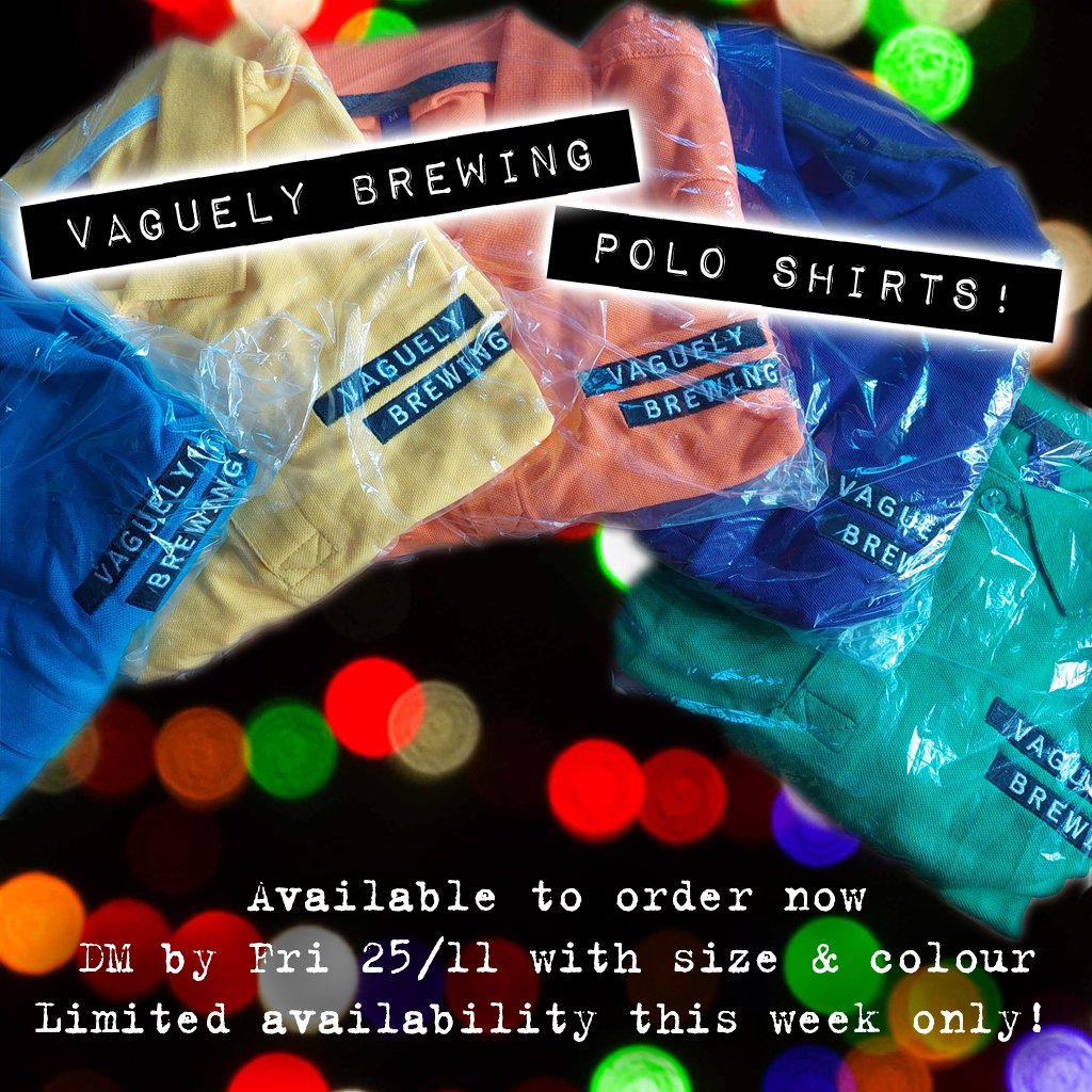 Polo shirt order going in this week if anyone would like to get in on the order; they're cotton polos in the colours shown + grey &amp; navy. £20, collection or local delivery near Bingham.  DM asap as order being placed this week. 🧡💛💚💙💜👍🍻
#VaguelyBrewing #Bingham #merch