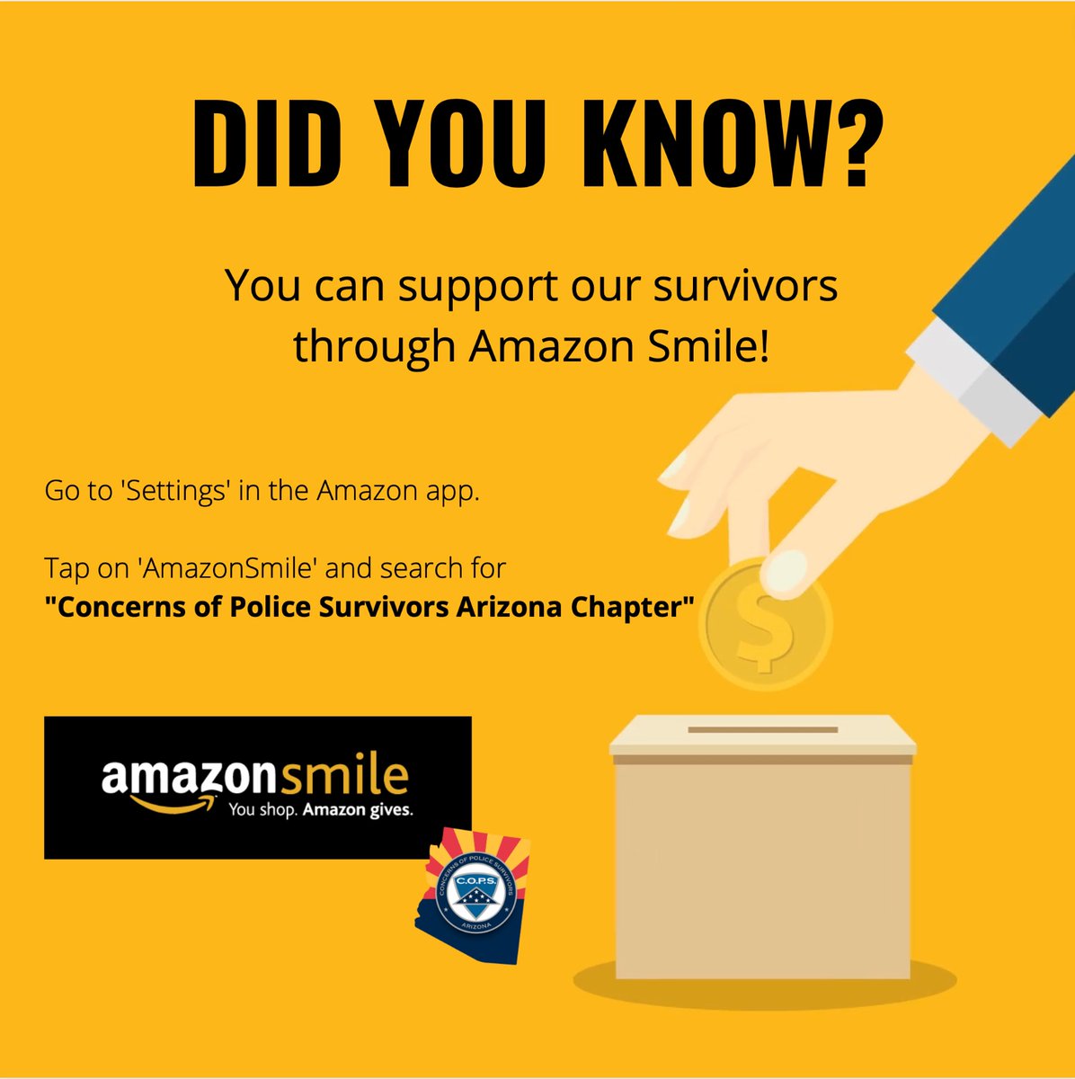 COPSArizona's tweet photo. Did you know you can add us to Amazon Smile and support our organization and survivors? If you have any questions send us a message!
#azfallen #copsaz #copsarizona #backtheblue #rememberthefallen #thinblueline #lawenforcement #police #concernsofpolicesurvivors #nonprofit #fall... https://t.co/bq4QoQqQtv